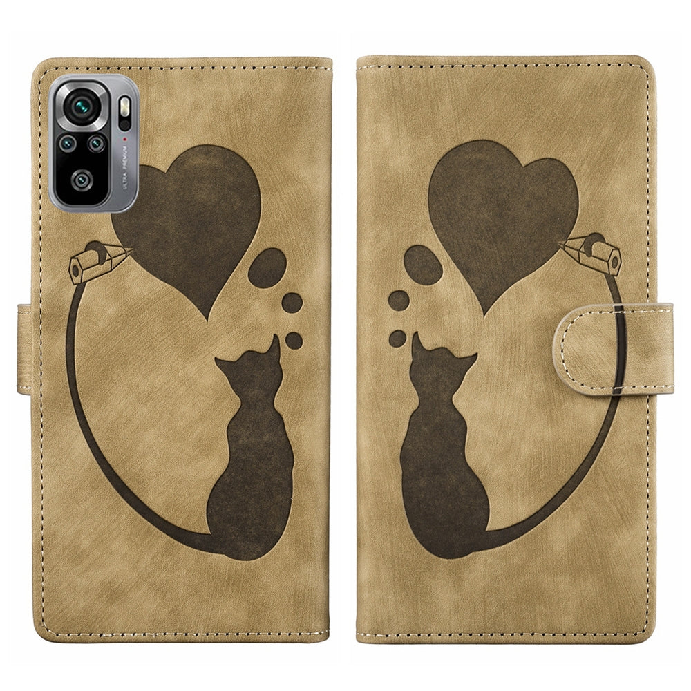Xiaomi Redmi Note 10S Pen Heart Cat Embossed Leather Phone Case with Wear-Resistant TPU+PU, Lightweight Wallet Stand Function, and Precise Cutouts for Ultimate Protection