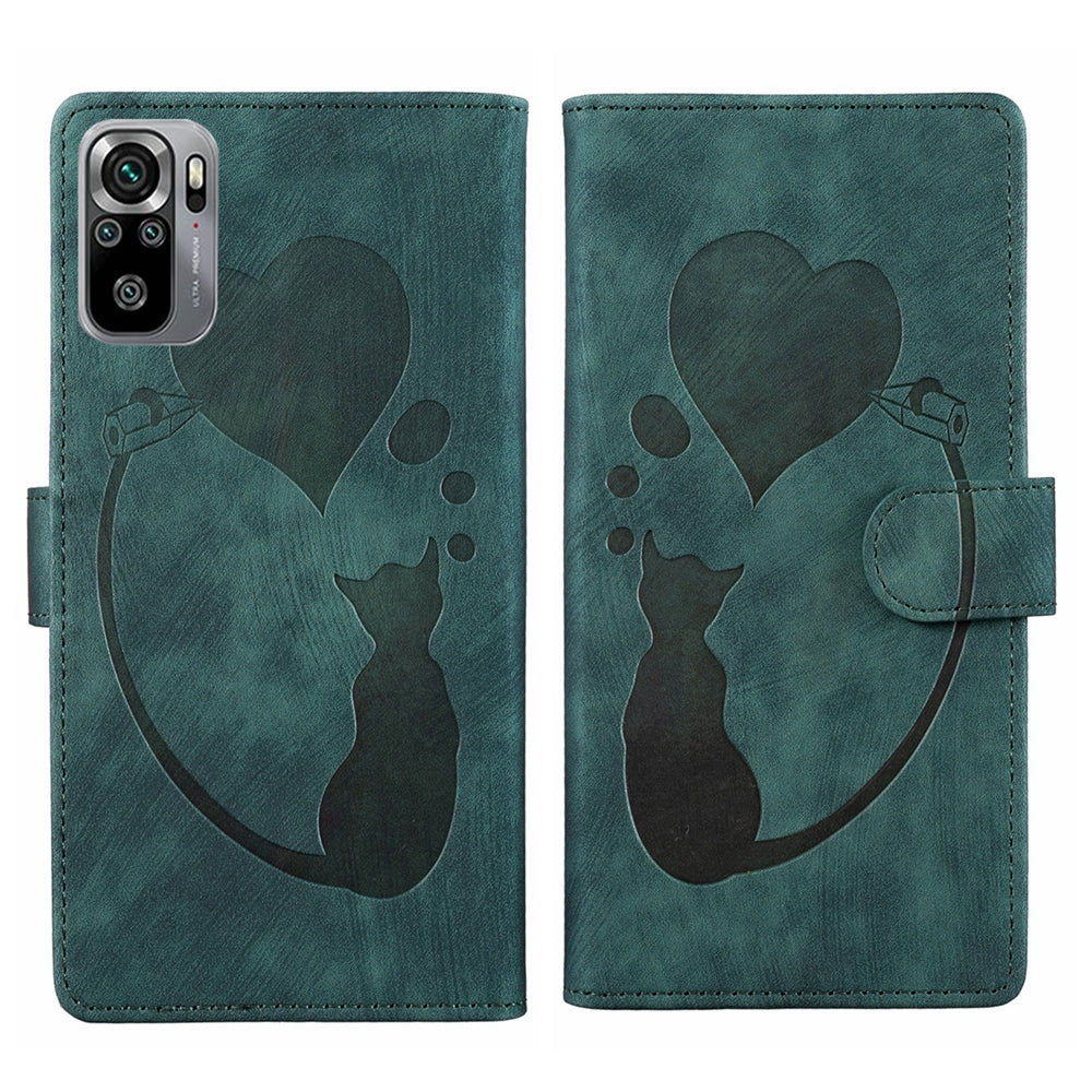 Xiaomi Redmi Note 10S Pen Heart Cat Embossed Leather Phone Case with Wear-Resistant TPU+PU, Lightweight Wallet Stand Function, and Precise Cutouts for Ultimate Protection