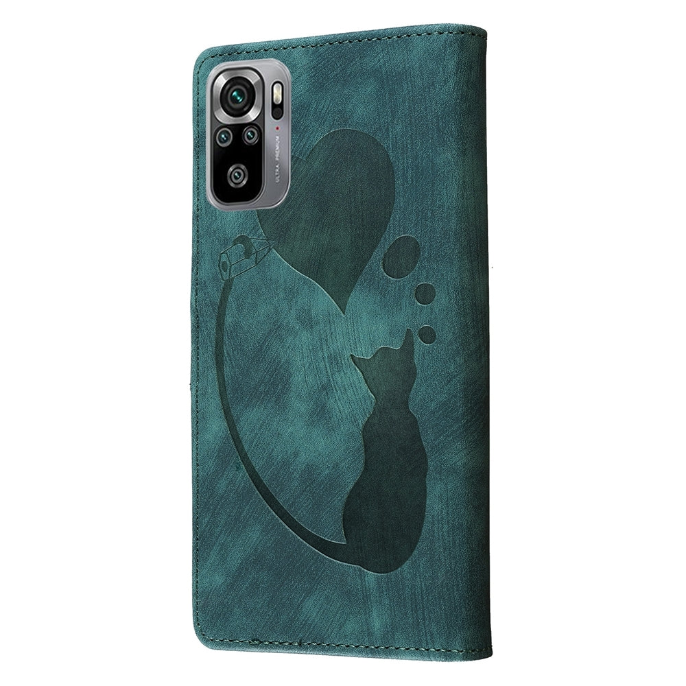 Xiaomi Redmi Note 10S Pen Heart Cat Embossed Leather Phone Case with Wear-Resistant TPU+PU, Lightweight Wallet Stand Function, and Precise Cutouts for Ultimate Protection