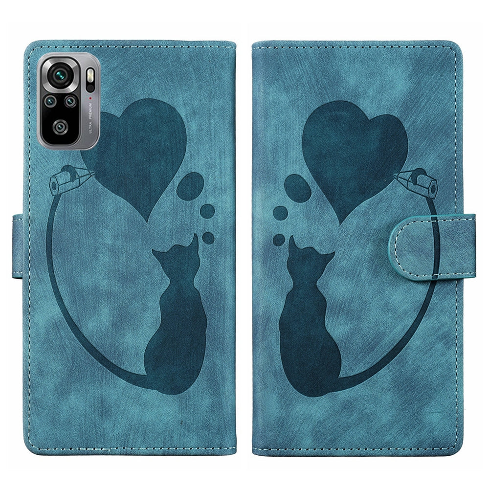 Xiaomi Redmi Note 10S Pen Heart Cat Embossed Leather Phone Case with Wear-Resistant TPU+PU, Lightweight Wallet Stand Function, and Precise Cutouts for Ultimate Protection