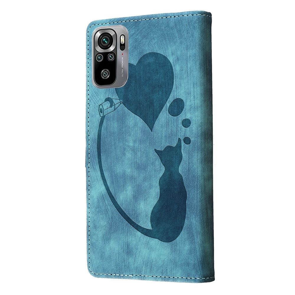Xiaomi Redmi Note 10S Pen Heart Cat Embossed Leather Phone Case with Wear-Resistant TPU+PU, Lightweight Wallet Stand Function, and Precise Cutouts for Ultimate Protection