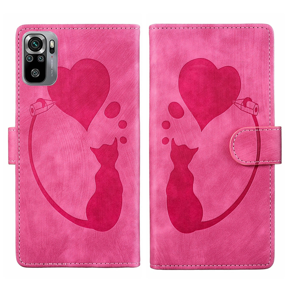 Xiaomi Redmi Note 10S Pen Heart Cat Embossed Leather Phone Case with Wear-Resistant TPU+PU, Lightweight Wallet Stand Function, and Precise Cutouts for Ultimate Protection