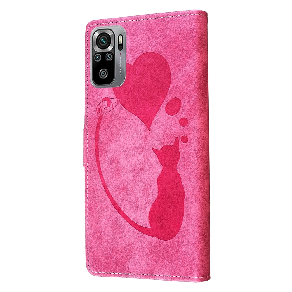 Xiaomi Redmi Note 10S Pen Heart Cat Embossed Leather Phone Case with Wear-Resistant TPU+PU, Lightweight Wallet Stand Function, and Precise Cutouts for Ultimate Protection