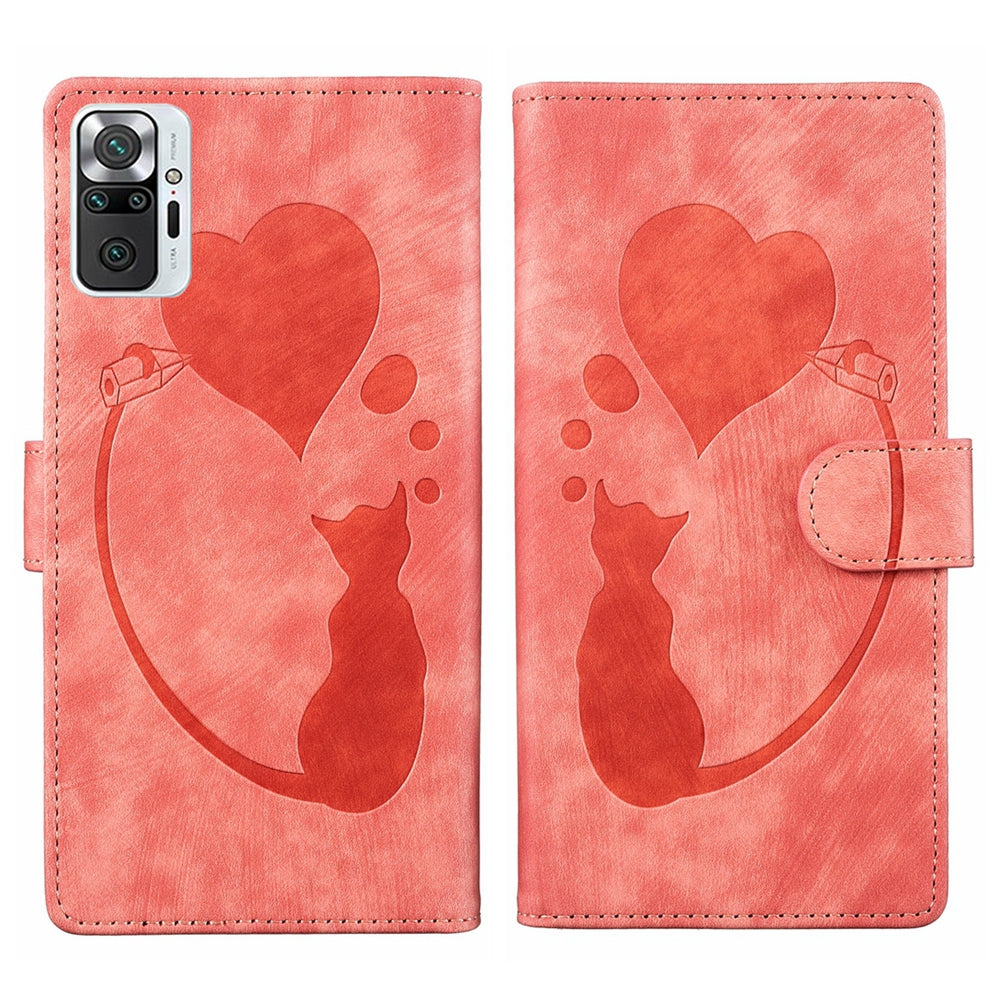 Xiaomi Redmi Note 10 Pro Pen Heart Cat Embossed Leather Phone Case with Wear-Resistant TPU+PU, Lightweight Wallet Stand Function, and Precise Cutouts for Ultimate Protection