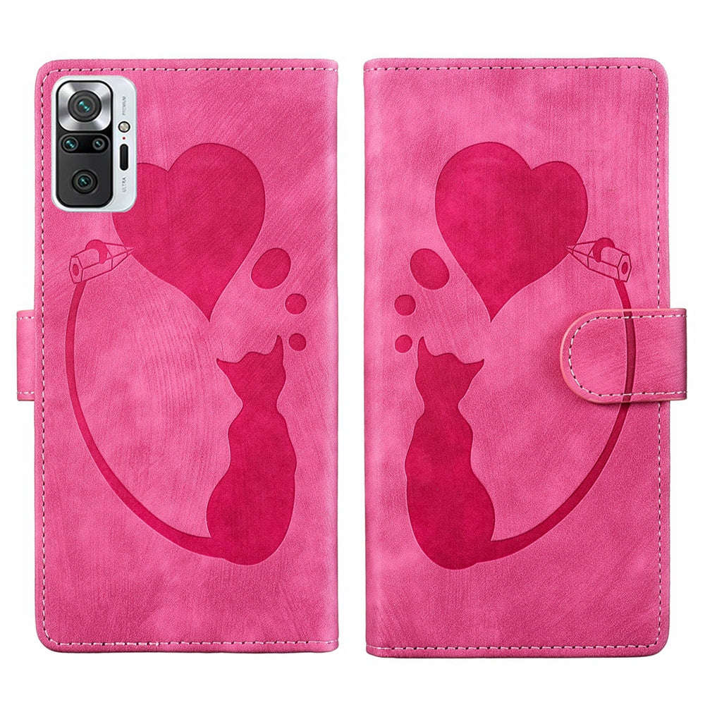 Xiaomi Redmi Note 10 Pro Pen Heart Cat Embossed Leather Phone Case with Wear-Resistant TPU+PU, Lightweight Wallet Stand Function, and Precise Cutouts for Ultimate Protection