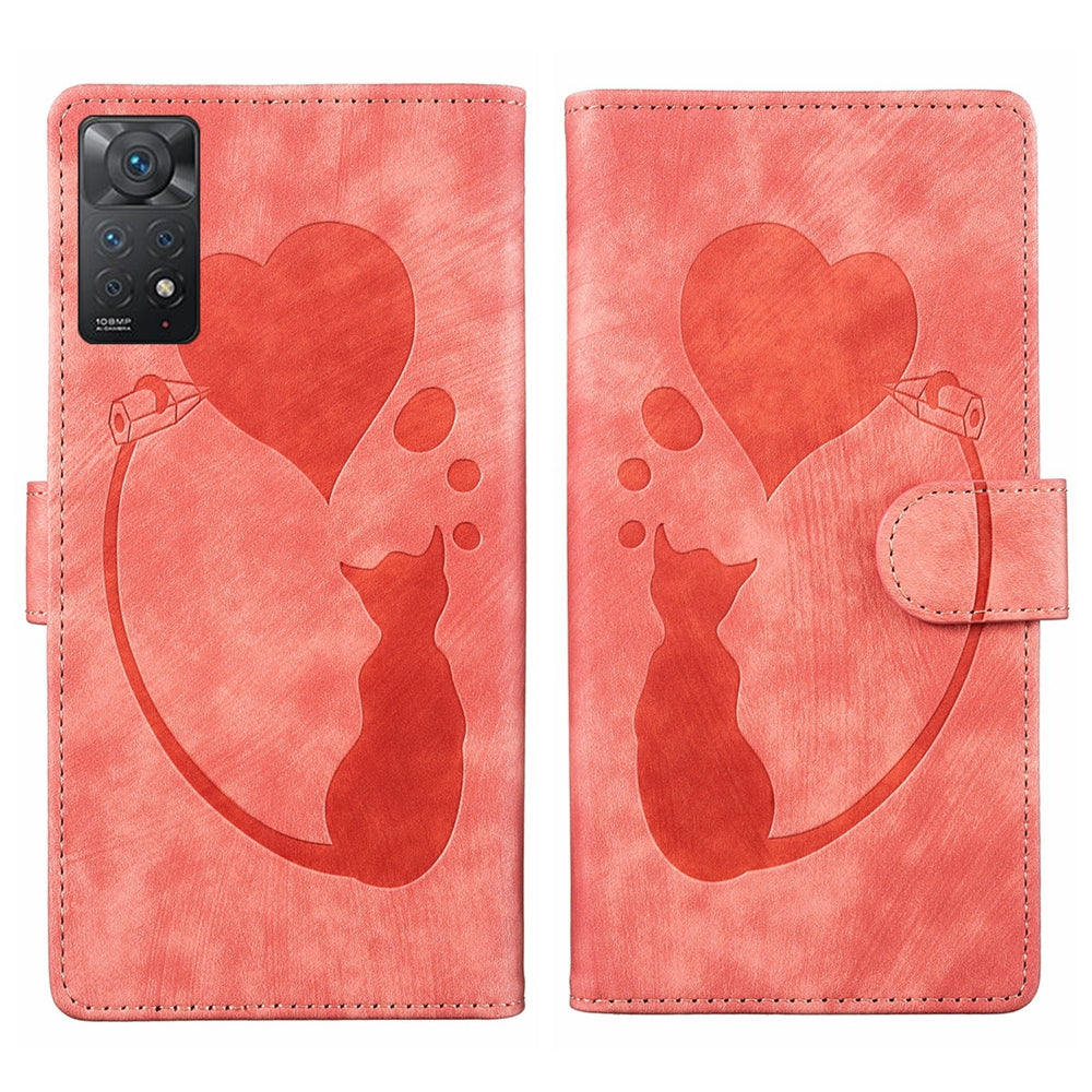 Xiaomi Redmi Note 11 Pro 5G Pen Heart Cat Embossed Leather Phone Case with Wear-Resistant TPU+PU, Lightweight Wallet Stand Function, and Precise Cutouts for Ultimate Protection