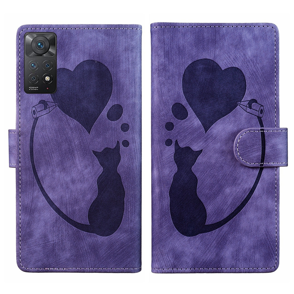 Xiaomi Redmi Note 11 Pro 5G Pen Heart Cat Embossed Leather Phone Case with Wear-Resistant TPU+PU, Lightweight Wallet Stand Function, and Precise Cutouts for Ultimate Protection
