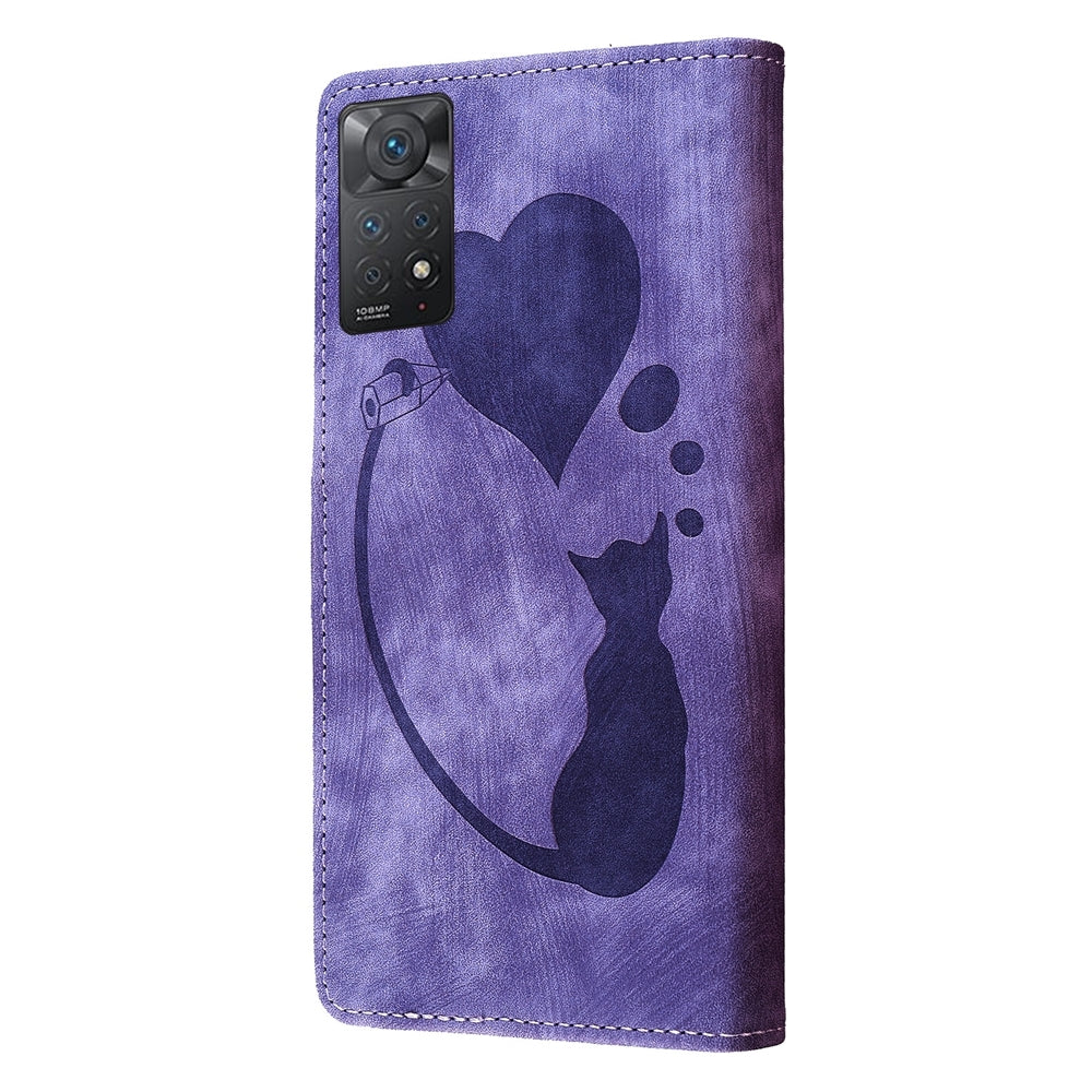 Xiaomi Redmi Note 11 Pro 5G Pen Heart Cat Embossed Leather Phone Case with Wear-Resistant TPU+PU, Lightweight Wallet Stand Function, and Precise Cutouts for Ultimate Protection