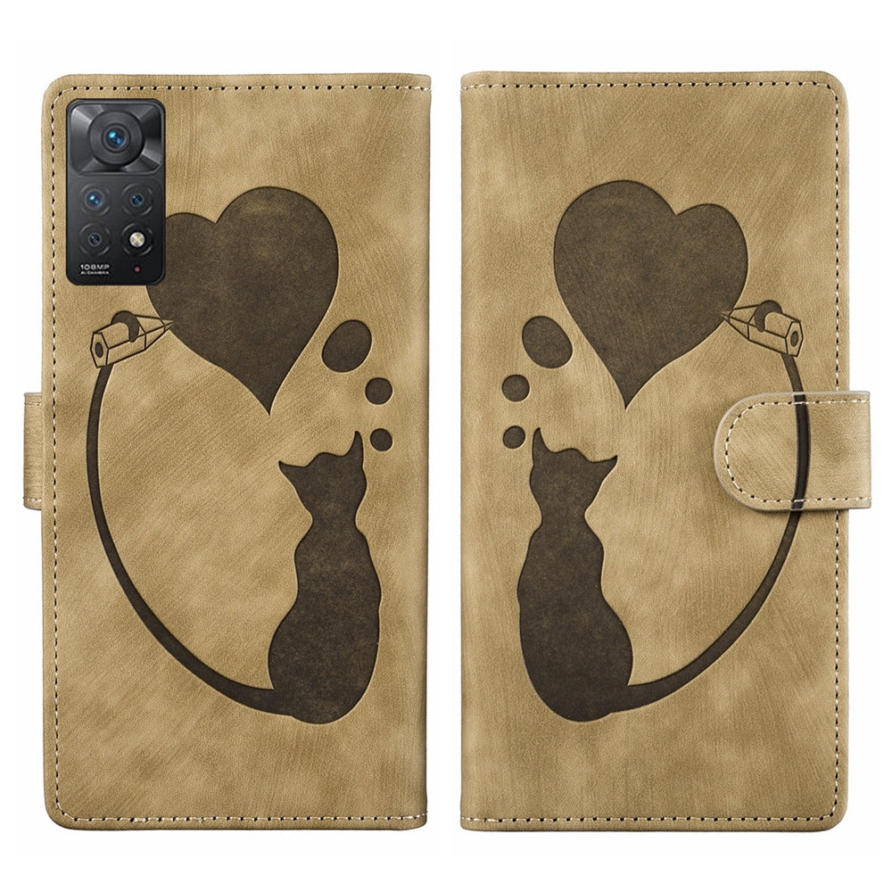 Xiaomi Redmi Note 11 Pro 5G Pen Heart Cat Embossed Leather Phone Case with Wear-Resistant TPU+PU, Lightweight Wallet Stand Function, and Precise Cutouts for Ultimate Protection