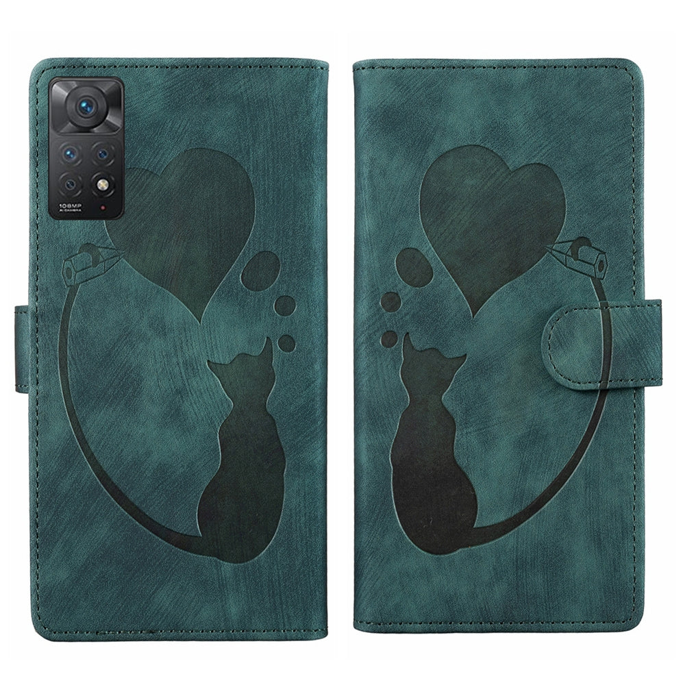 Xiaomi Redmi Note 11 Pro 5G Pen Heart Cat Embossed Leather Phone Case with Wear-Resistant TPU+PU, Lightweight Wallet Stand Function, and Precise Cutouts for Ultimate Protection
