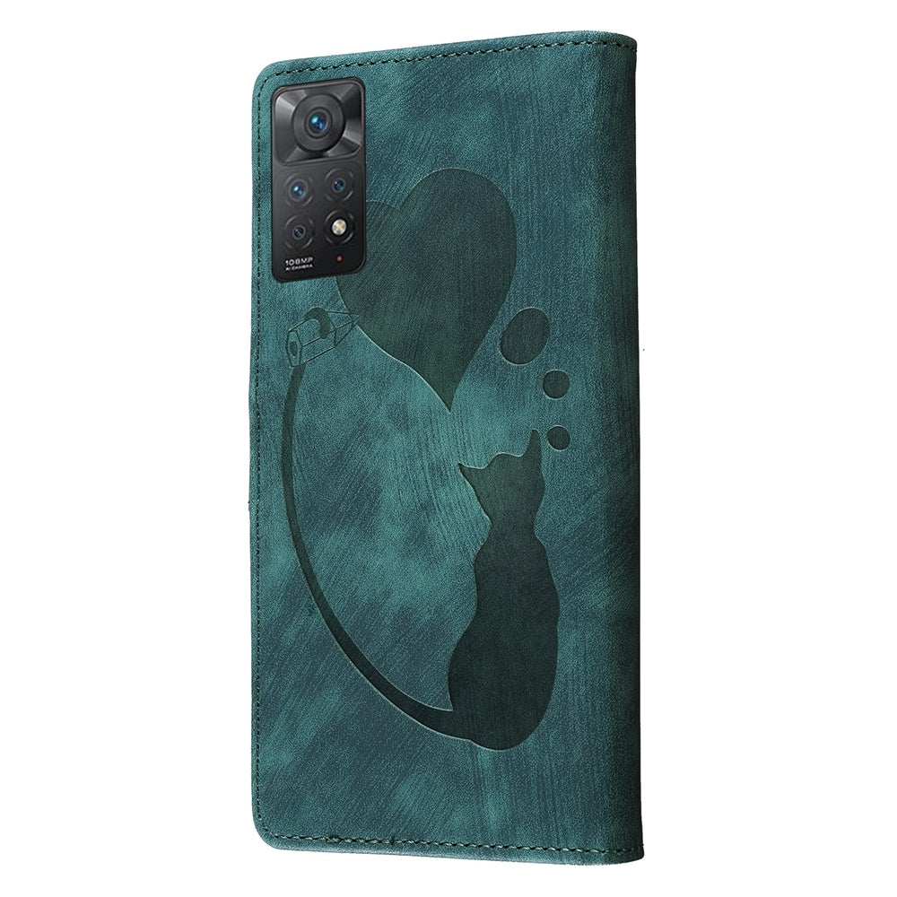 Xiaomi Redmi Note 11 Pro 5G Pen Heart Cat Embossed Leather Phone Case with Wear-Resistant TPU+PU, Lightweight Wallet Stand Function, and Precise Cutouts for Ultimate Protection