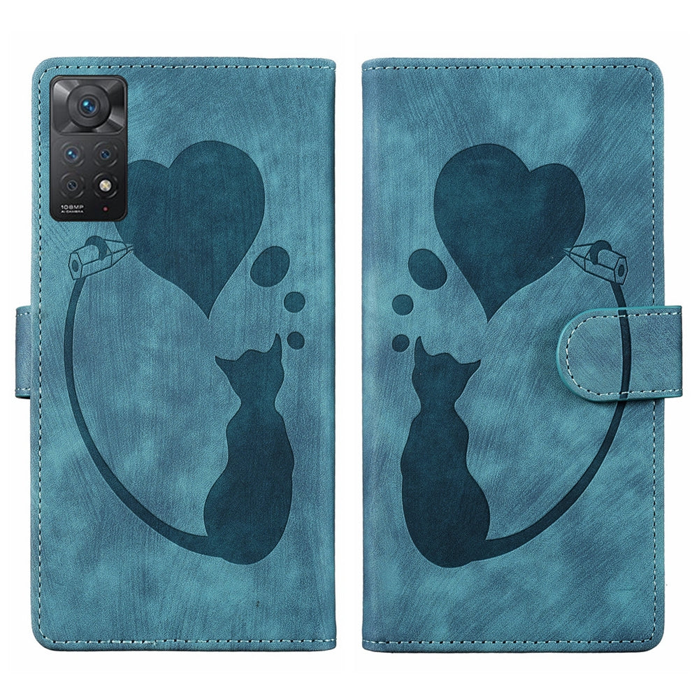 Xiaomi Redmi Note 11 Pro 5G Pen Heart Cat Embossed Leather Phone Case with Wear-Resistant TPU+PU, Lightweight Wallet Stand Function, and Precise Cutouts for Ultimate Protection