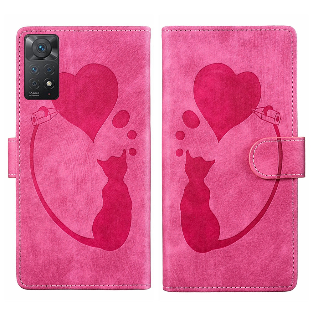 Xiaomi Redmi Note 11 Pro 5G Pen Heart Cat Embossed Leather Phone Case with Wear-Resistant TPU+PU, Lightweight Wallet Stand Function, and Precise Cutouts for Ultimate Protection