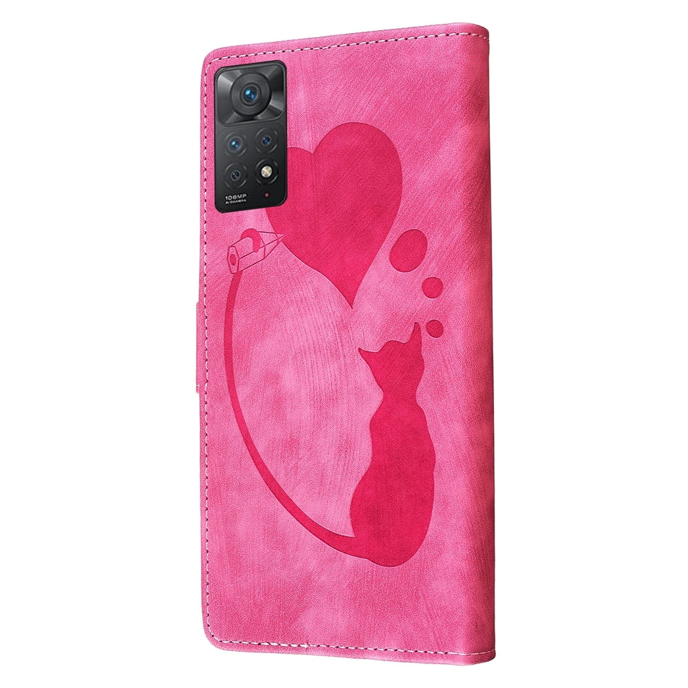 Xiaomi Redmi Note 11 Pro 5G Pen Heart Cat Embossed Leather Phone Case with Wear-Resistant TPU+PU, Lightweight Wallet Stand Function, and Precise Cutouts for Ultimate Protection