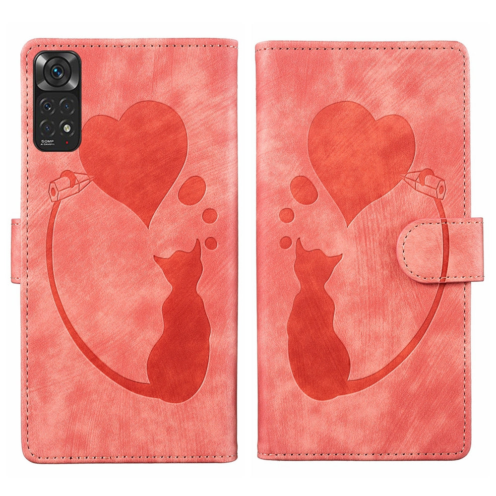 Xiaomi Redmi Note 11S 4G Pen Heart Cat Embossed Leather Phone Case with Wear-Resistant TPU+PU, Lightweight Wallet Stand Function, and Precise Cutouts for Ultimate Protection