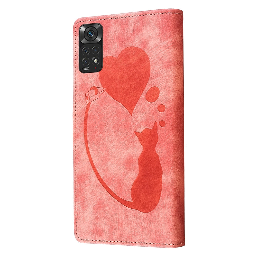 Xiaomi Redmi Note 11S 4G Pen Heart Cat Embossed Leather Phone Case with Wear-Resistant TPU+PU, Lightweight Wallet Stand Function, and Precise Cutouts for Ultimate Protection