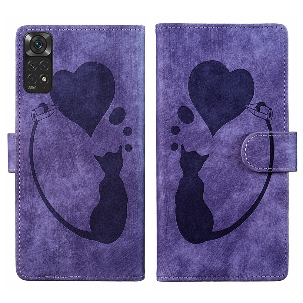 Xiaomi Redmi Note 11S 4G Pen Heart Cat Embossed Leather Phone Case with Wear-Resistant TPU+PU, Lightweight Wallet Stand Function, and Precise Cutouts for Ultimate Protection