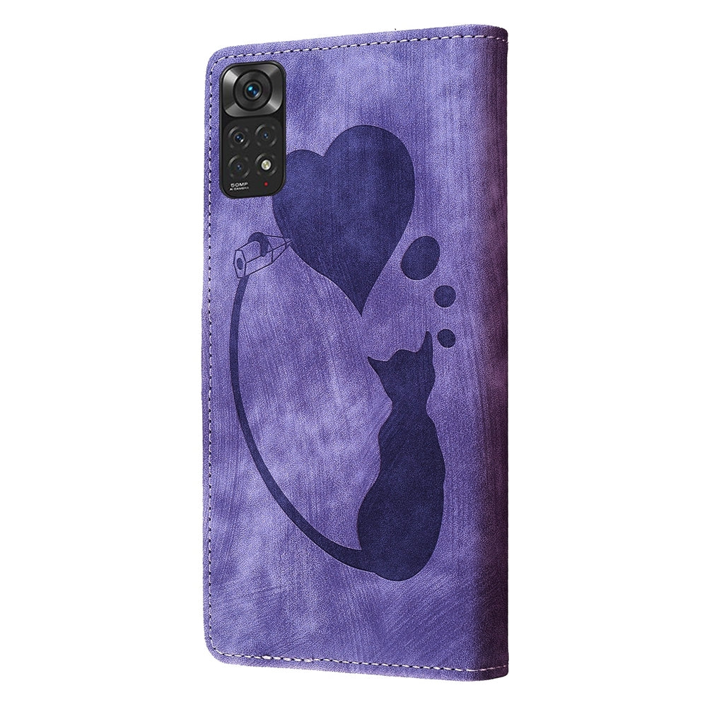 Xiaomi Redmi Note 11S 4G Pen Heart Cat Embossed Leather Phone Case with Wear-Resistant TPU+PU, Lightweight Wallet Stand Function, and Precise Cutouts for Ultimate Protection