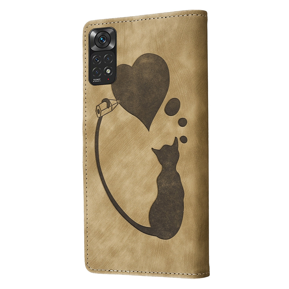 Xiaomi Redmi Note 11S 4G Pen Heart Cat Embossed Leather Phone Case with Wear-Resistant TPU+PU, Lightweight Wallet Stand Function, and Precise Cutouts for Ultimate Protection