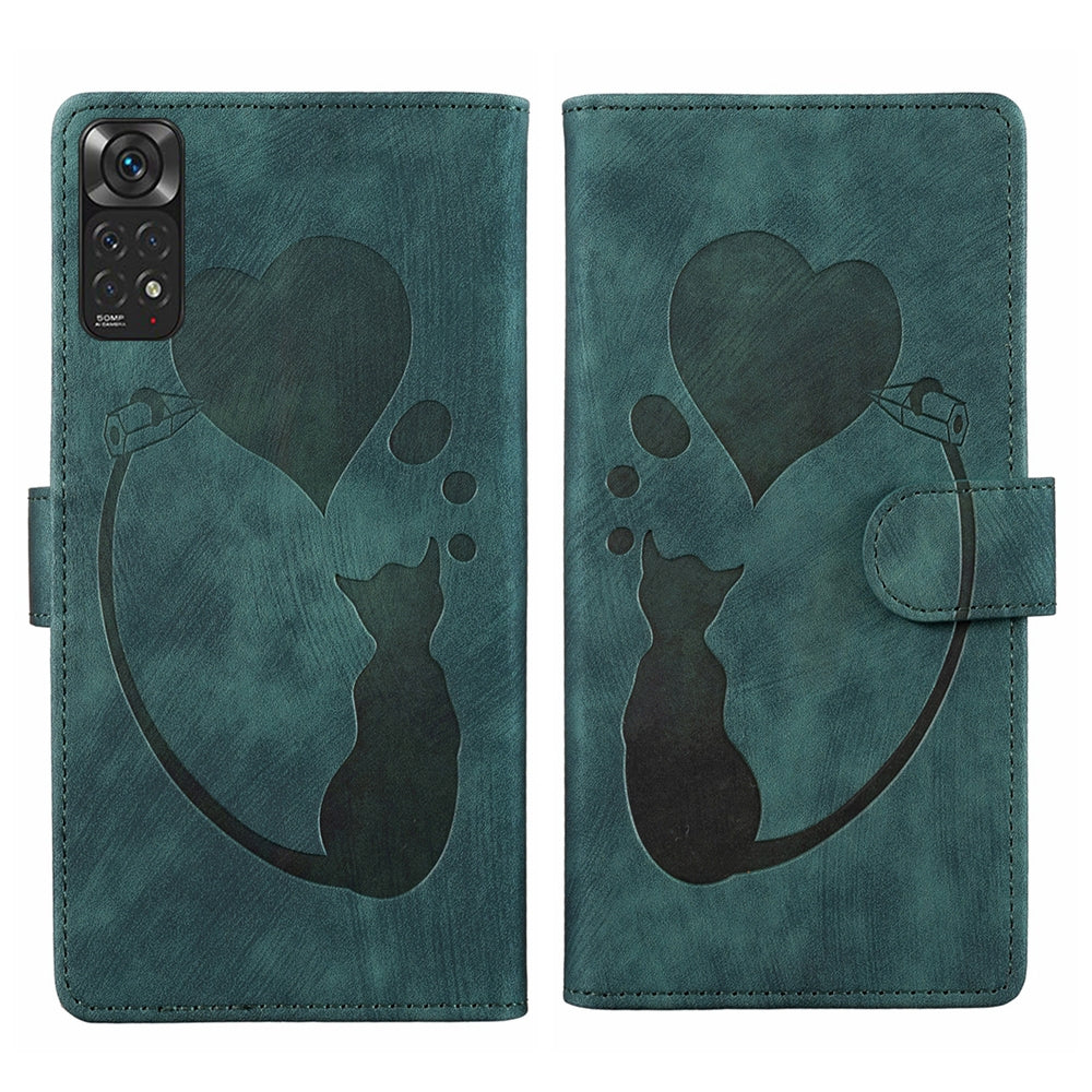 Xiaomi Redmi Note 11S 4G Pen Heart Cat Embossed Leather Phone Case with Wear-Resistant TPU+PU, Lightweight Wallet Stand Function, and Precise Cutouts for Ultimate Protection