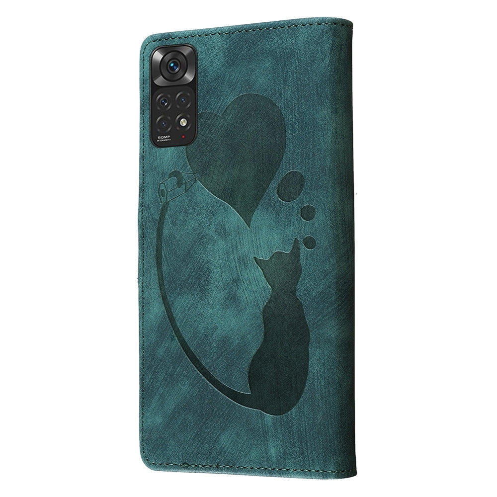 Xiaomi Redmi Note 11S 4G Pen Heart Cat Embossed Leather Phone Case with Wear-Resistant TPU+PU, Lightweight Wallet Stand Function, and Precise Cutouts for Ultimate Protection