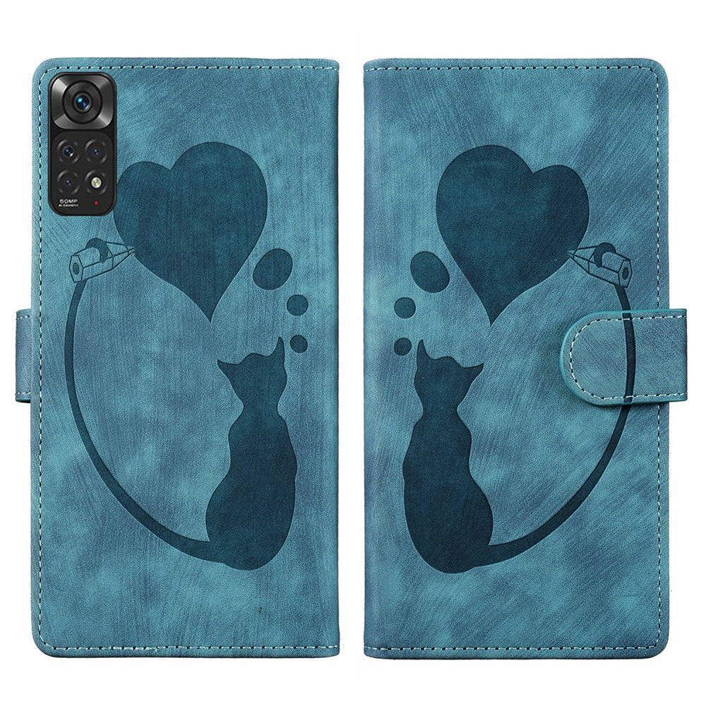 Xiaomi Redmi Note 11S 4G Pen Heart Cat Embossed Leather Phone Case with Wear-Resistant TPU+PU, Lightweight Wallet Stand Function, and Precise Cutouts for Ultimate Protection