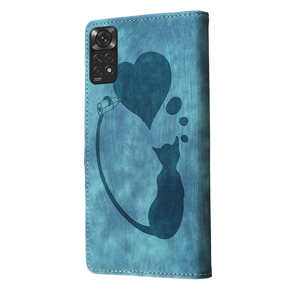 Xiaomi Redmi Note 11S 4G Pen Heart Cat Embossed Leather Phone Case with Wear-Resistant TPU+PU, Lightweight Wallet Stand Function, and Precise Cutouts for Ultimate Protection