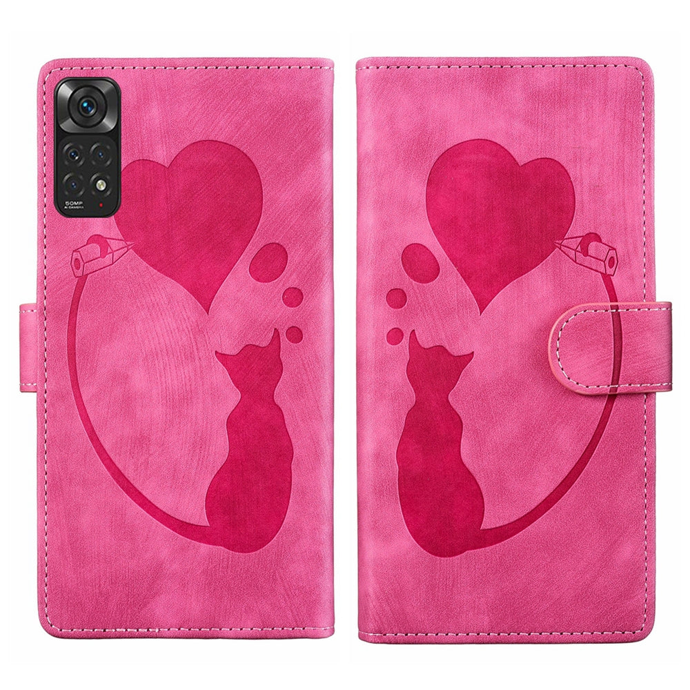 Xiaomi Redmi Note 11S 4G Pen Heart Cat Embossed Leather Phone Case with Wear-Resistant TPU+PU, Lightweight Wallet Stand Function, and Precise Cutouts for Ultimate Protection