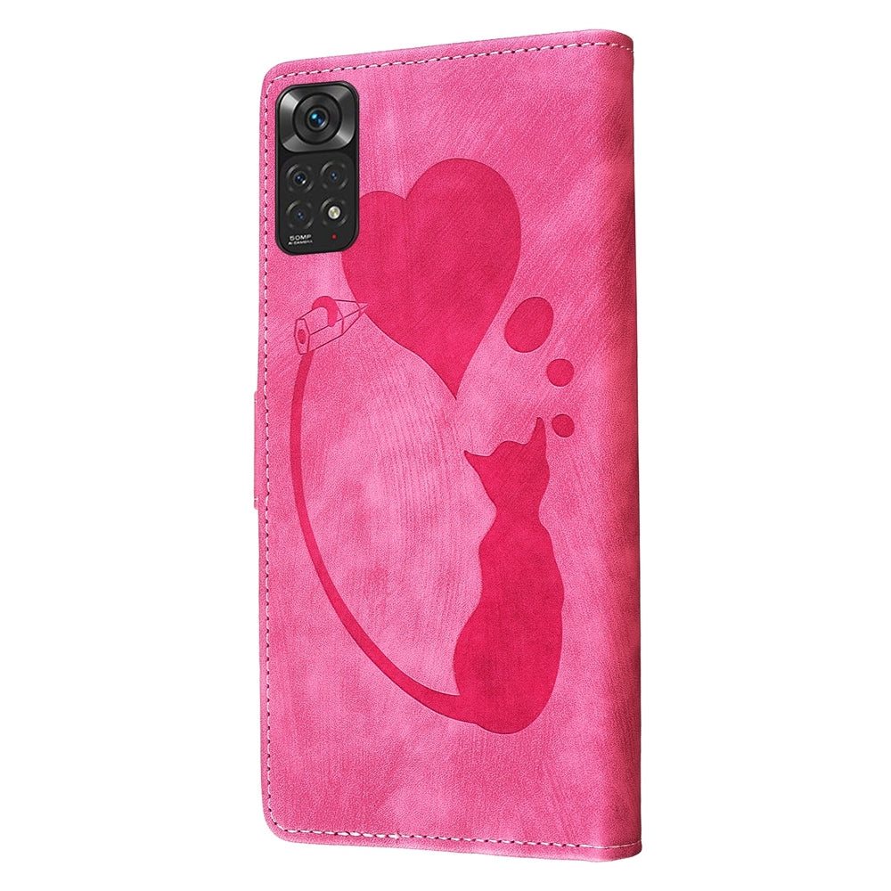 Xiaomi Redmi Note 11S 4G Pen Heart Cat Embossed Leather Phone Case with Wear-Resistant TPU+PU, Lightweight Wallet Stand Function, and Precise Cutouts for Ultimate Protection