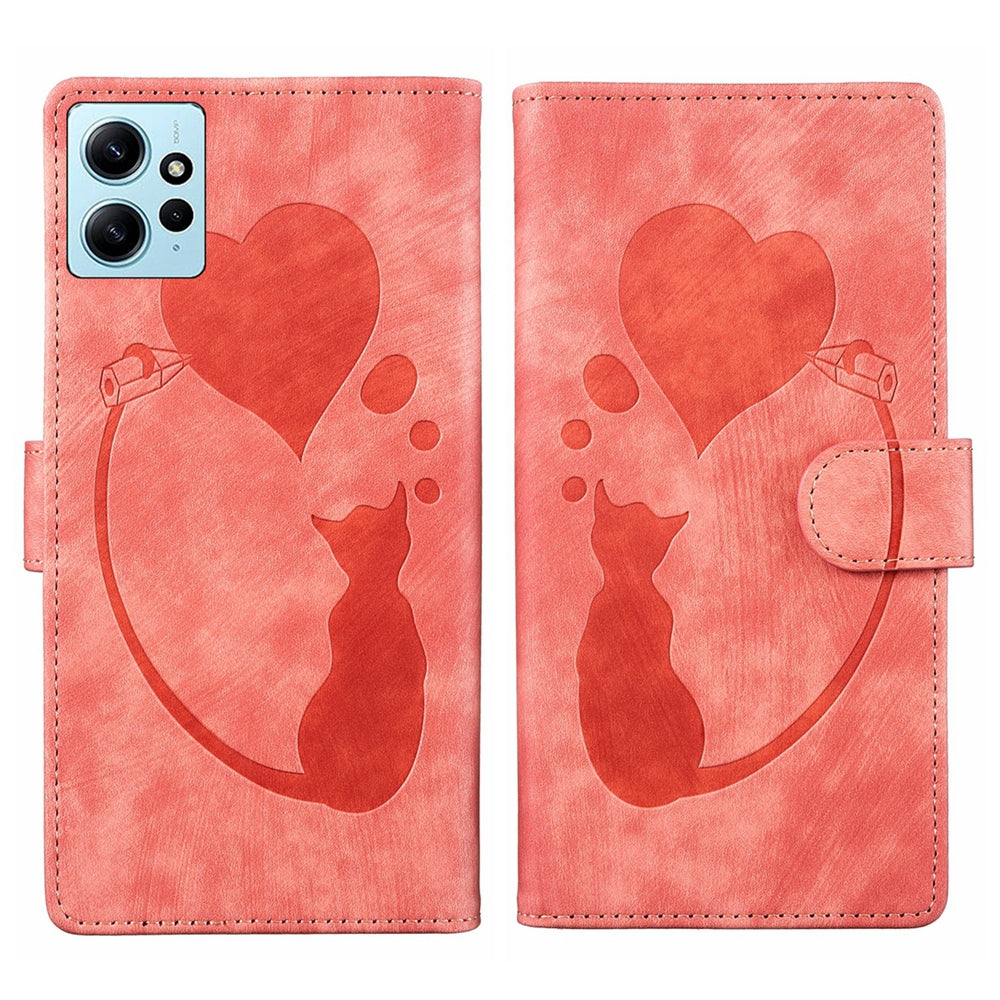 Xiaomi Redmi Note 12 4G Global Pen Heart Cat Embossed Leather Phone Case with Wear-Resistant TPU+PU, Lightweight Wallet Stand Function, and Precise Cutouts for Ultimate Protection