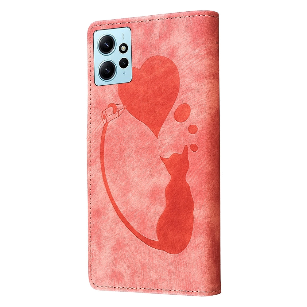 Xiaomi Redmi Note 12 4G Global Pen Heart Cat Embossed Leather Phone Case with Wear-Resistant TPU+PU, Lightweight Wallet Stand Function, and Precise Cutouts for Ultimate Protection
