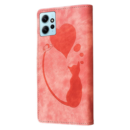 Xiaomi Redmi Note 12 4G Global Pen Heart Cat Embossed Leather Phone Case with Wear-Resistant TPU+PU, Lightweight Wallet Stand Function, and Precise Cutouts for Ultimate Protection