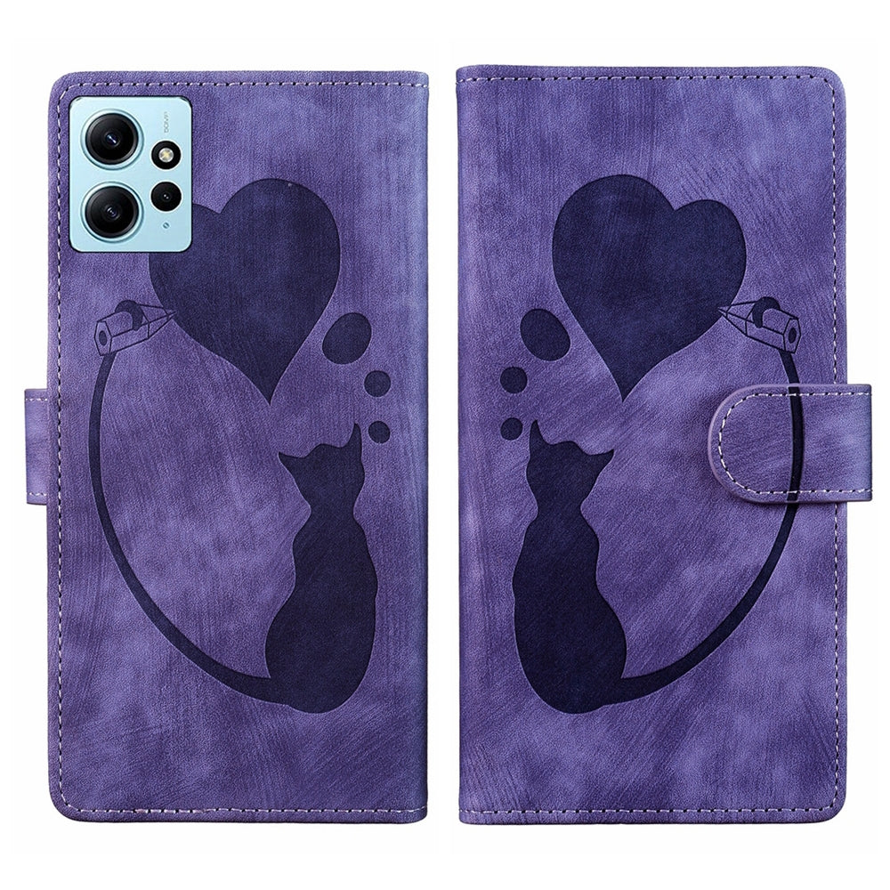 Xiaomi Redmi Note 12 4G Global Pen Heart Cat Embossed Leather Phone Case with Wear-Resistant TPU+PU, Lightweight Wallet Stand Function, and Precise Cutouts for Ultimate Protection