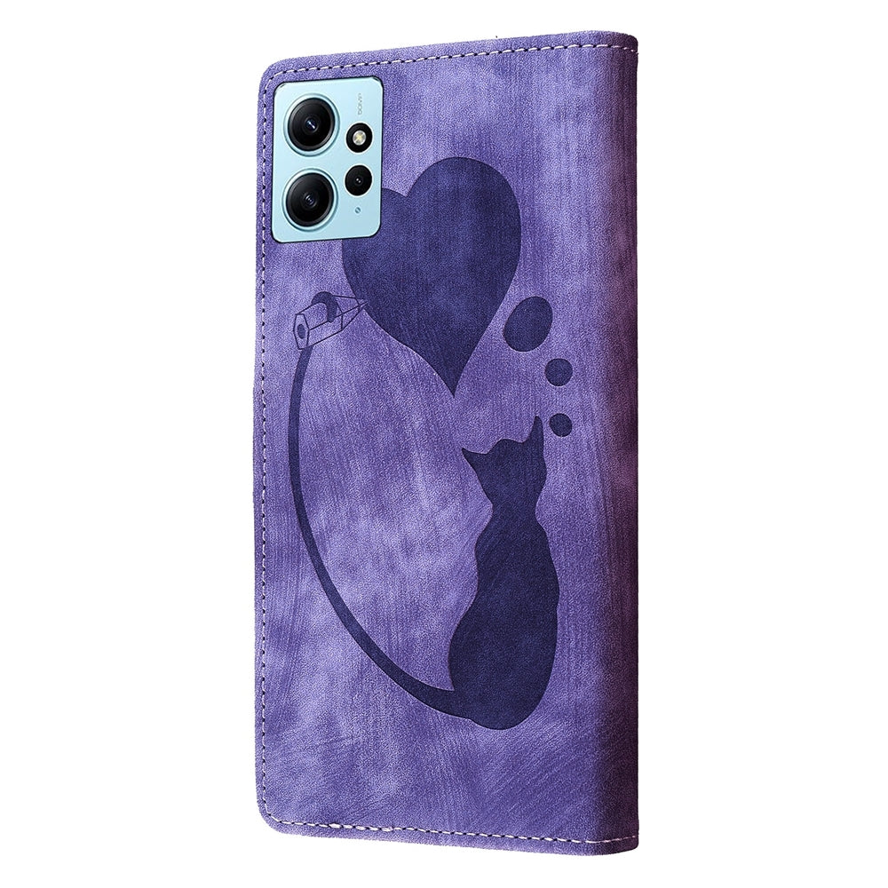 Xiaomi Redmi Note 12 4G Global Pen Heart Cat Embossed Leather Phone Case with Wear-Resistant TPU+PU, Lightweight Wallet Stand Function, and Precise Cutouts for Ultimate Protection