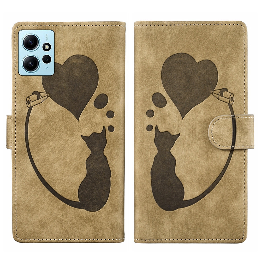 Xiaomi Redmi Note 12 4G Global Pen Heart Cat Embossed Leather Phone Case with Wear-Resistant TPU+PU, Lightweight Wallet Stand Function, and Precise Cutouts for Ultimate Protection