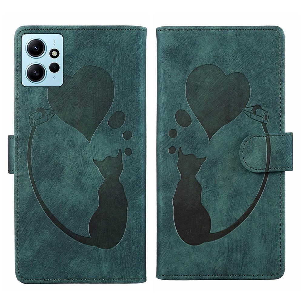Xiaomi Redmi Note 12 4G Global Pen Heart Cat Embossed Leather Phone Case with Wear-Resistant TPU+PU, Lightweight Wallet Stand Function, and Precise Cutouts for Ultimate Protection