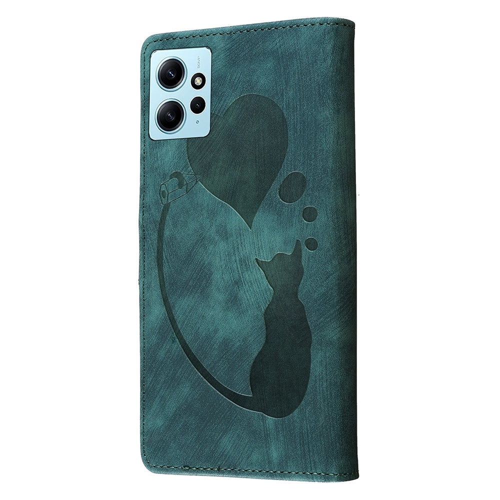 Xiaomi Redmi Note 12 4G Global Pen Heart Cat Embossed Leather Phone Case with Wear-Resistant TPU+PU, Lightweight Wallet Stand Function, and Precise Cutouts for Ultimate Protection