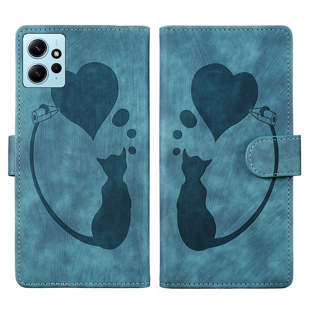 Xiaomi Redmi Note 12 4G Global Pen Heart Cat Embossed Leather Phone Case with Wear-Resistant TPU+PU, Lightweight Wallet Stand Function, and Precise Cutouts for Ultimate Protection