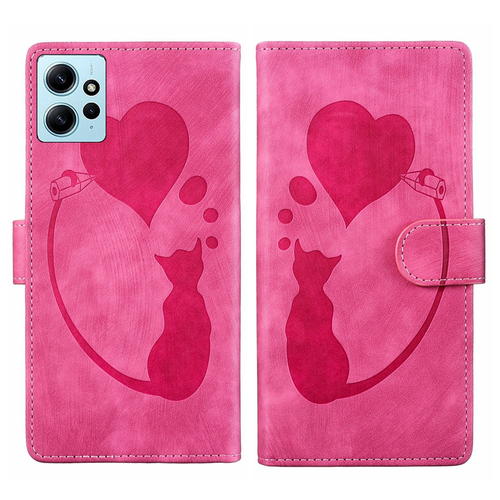 Xiaomi Redmi Note 12 4G Global Pen Heart Cat Embossed Leather Phone Case with Wear-Resistant TPU+PU, Lightweight Wallet Stand Function, and Precise Cutouts for Ultimate Protection
