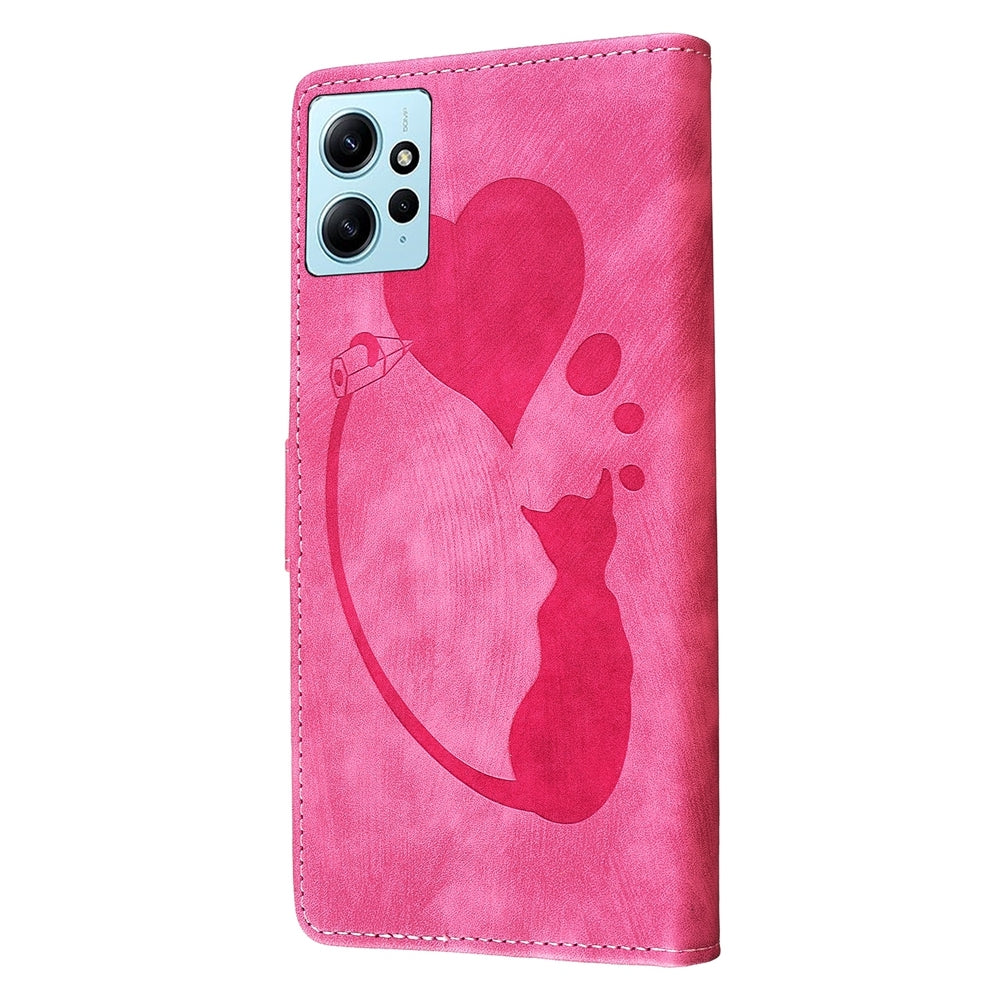 Xiaomi Redmi Note 12 4G Global Pen Heart Cat Embossed Leather Phone Case with Wear-Resistant TPU+PU, Lightweight Wallet Stand Function, and Precise Cutouts for Ultimate Protection