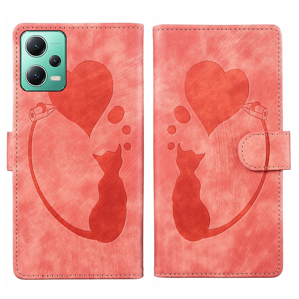 Xiaomi Redmi Note 12 5G Global Pen Heart Cat Embossed Leather Phone Case with Wear-Resistant TPU+PU, Lightweight Wallet Stand Function, and Precise Cutouts for Ultimate Protection