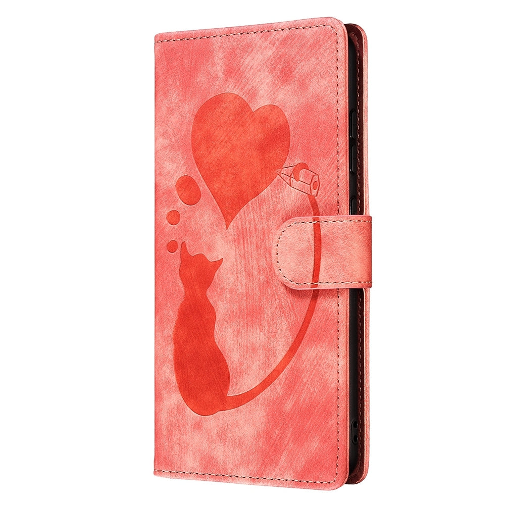 Xiaomi Redmi Note 12 5G Global Pen Heart Cat Embossed Leather Phone Case with Wear-Resistant TPU+PU, Lightweight Wallet Stand Function, and Precise Cutouts for Ultimate Protection