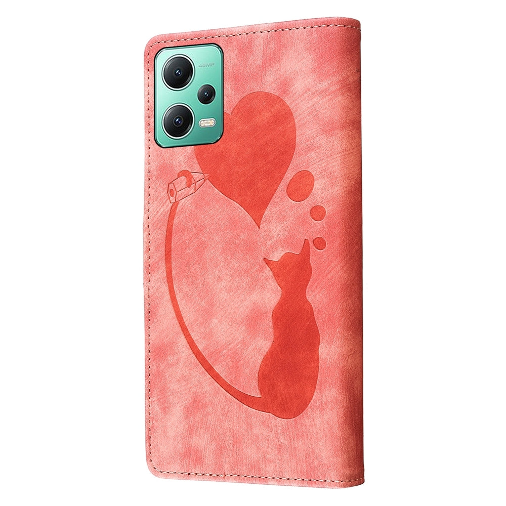 Xiaomi Redmi Note 12 5G Global Pen Heart Cat Embossed Leather Phone Case with Wear-Resistant TPU+PU, Lightweight Wallet Stand Function, and Precise Cutouts for Ultimate Protection