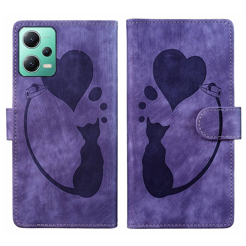 Xiaomi Redmi Note 12 5G Global Pen Heart Cat Embossed Leather Phone Case with Wear-Resistant TPU+PU, Lightweight Wallet Stand Function, and Precise Cutouts for Ultimate Protection