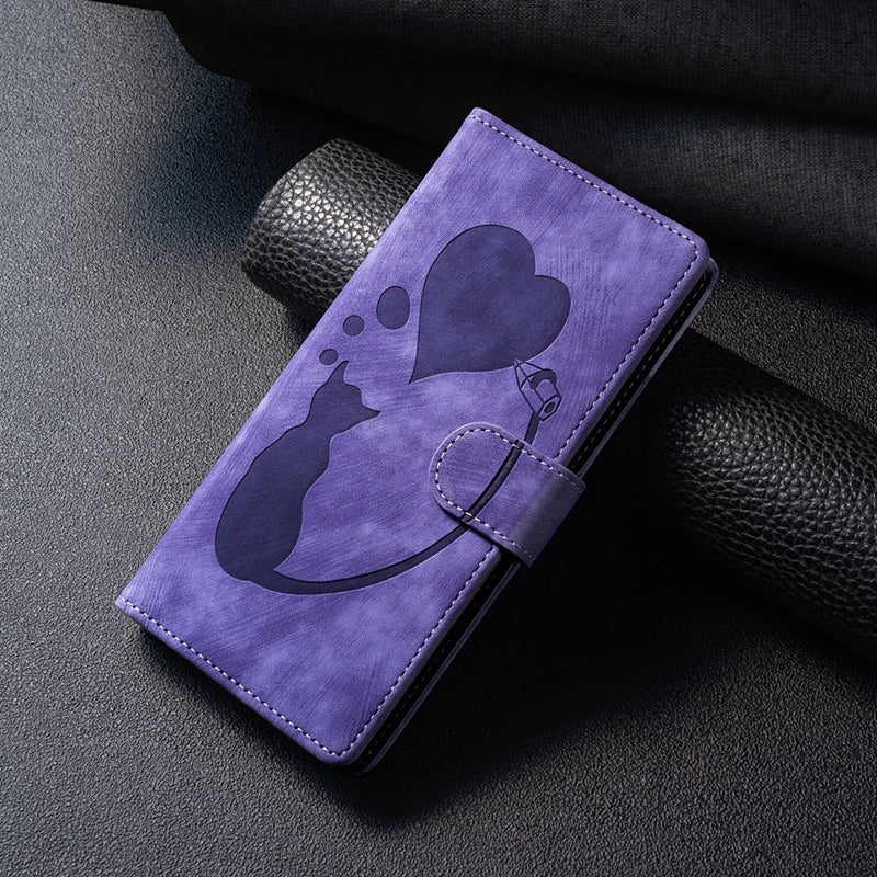 Xiaomi Redmi Note 12 5G Global Pen Heart Cat Embossed Leather Phone Case with Wear-Resistant TPU+PU, Lightweight Wallet Stand Function, and Precise Cutouts for Ultimate Protection