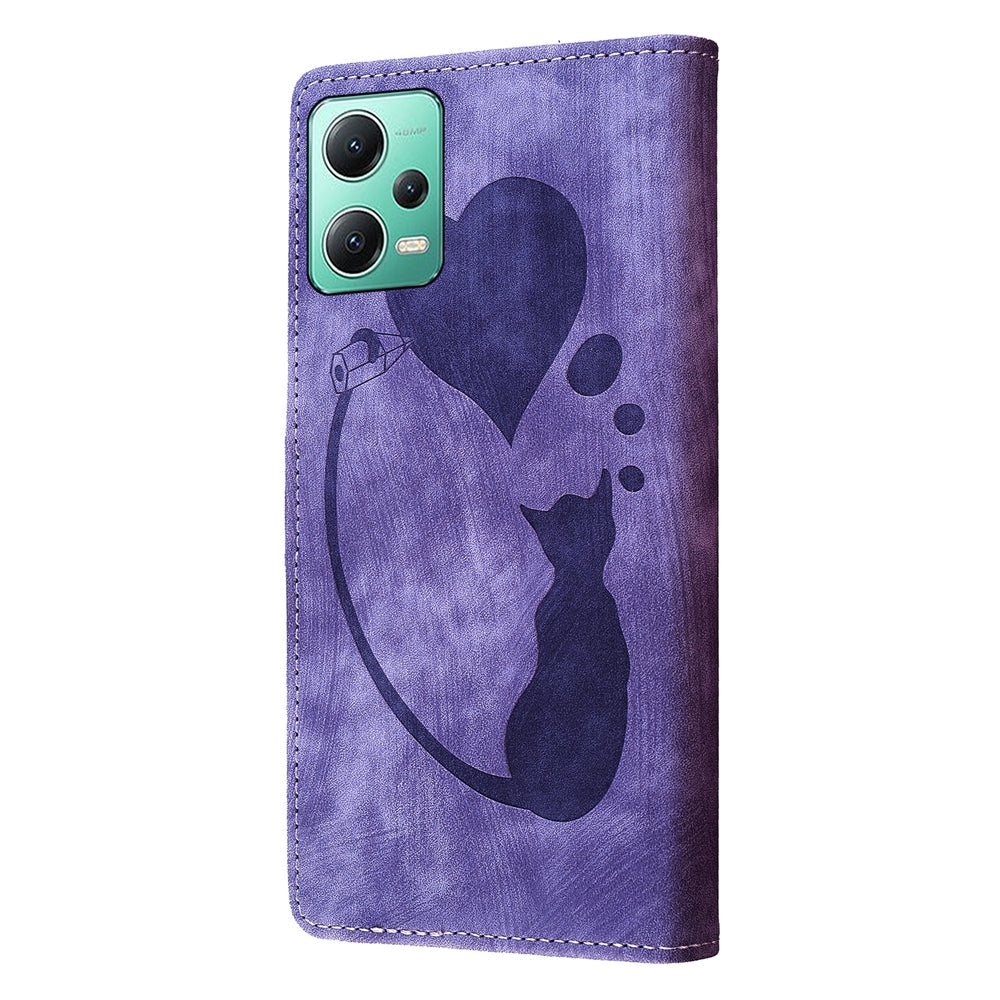 Xiaomi Redmi Note 12 5G Global Pen Heart Cat Embossed Leather Phone Case with Wear-Resistant TPU+PU, Lightweight Wallet Stand Function, and Precise Cutouts for Ultimate Protection
