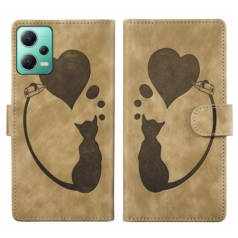 Xiaomi Redmi Note 12 5G Global Pen Heart Cat Embossed Leather Phone Case with Wear-Resistant TPU+PU, Lightweight Wallet Stand Function, and Precise Cutouts for Ultimate Protection