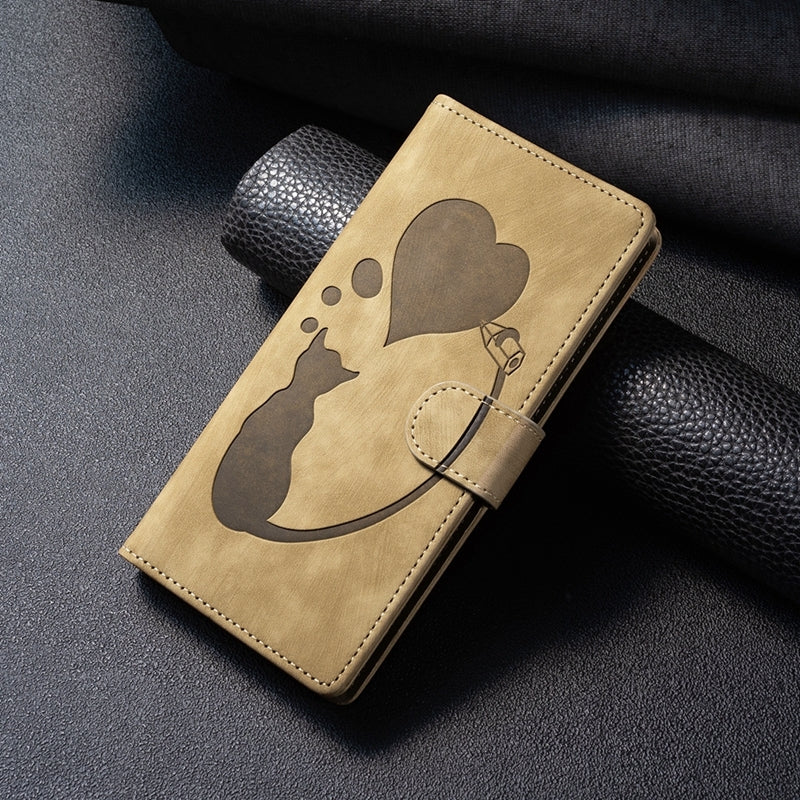 Xiaomi Redmi Note 12 5G Global Pen Heart Cat Embossed Leather Phone Case with Wear-Resistant TPU+PU, Lightweight Wallet Stand Function, and Precise Cutouts for Ultimate Protection