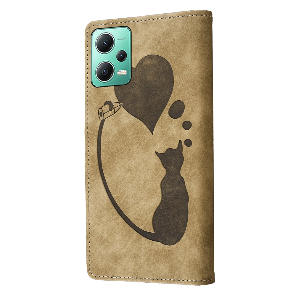 Xiaomi Redmi Note 12 5G Global Pen Heart Cat Embossed Leather Phone Case with Wear-Resistant TPU+PU, Lightweight Wallet Stand Function, and Precise Cutouts for Ultimate Protection