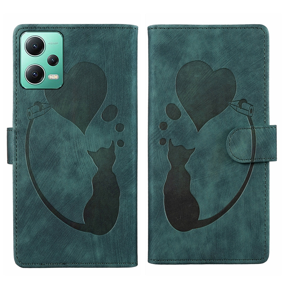 Xiaomi Redmi Note 12 5G Global Pen Heart Cat Embossed Leather Phone Case with Wear-Resistant TPU+PU, Lightweight Wallet Stand Function, and Precise Cutouts for Ultimate Protection